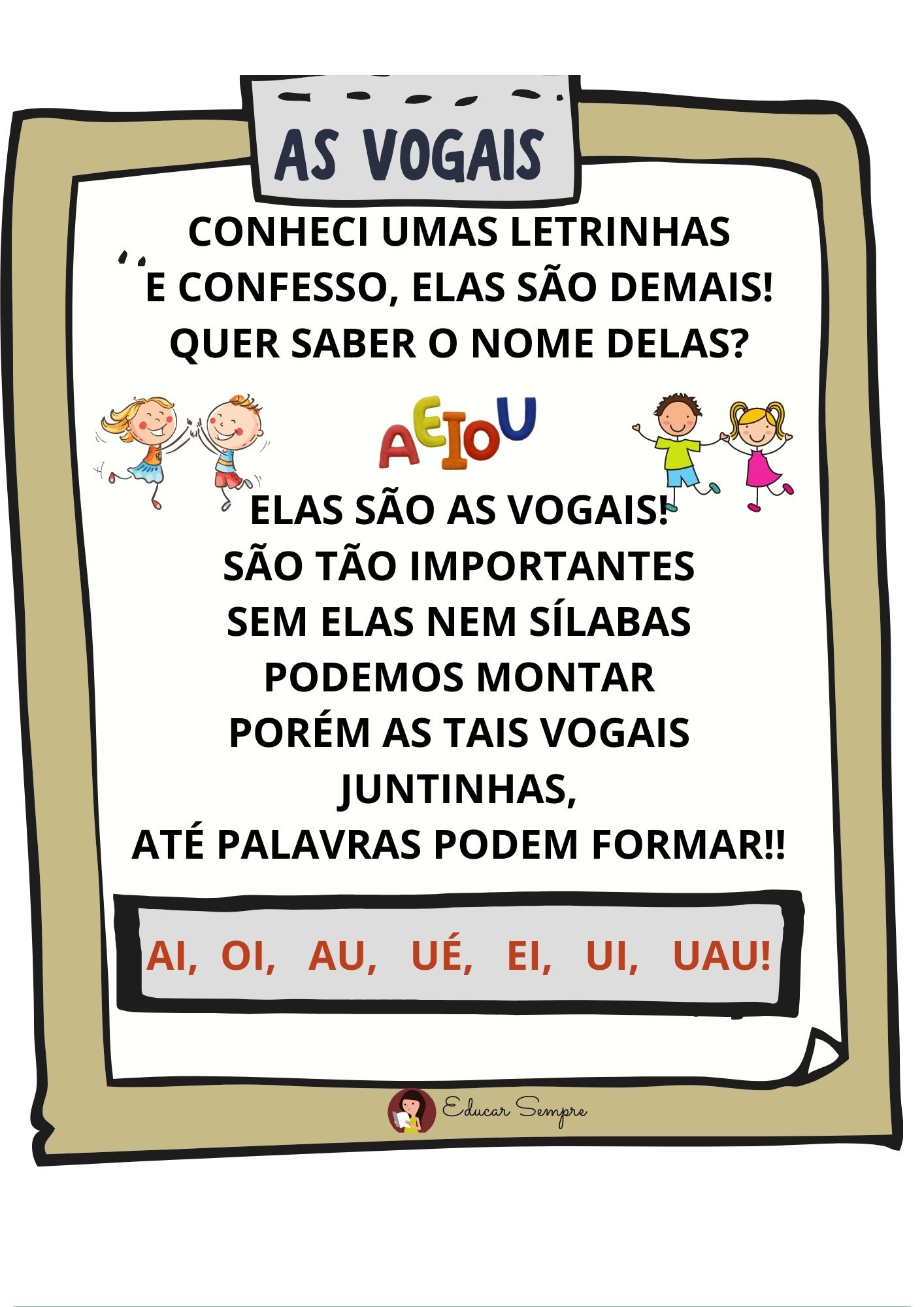 PLANO DE TRABALHO: Junção das vogais e confecção do livro das vogais ...