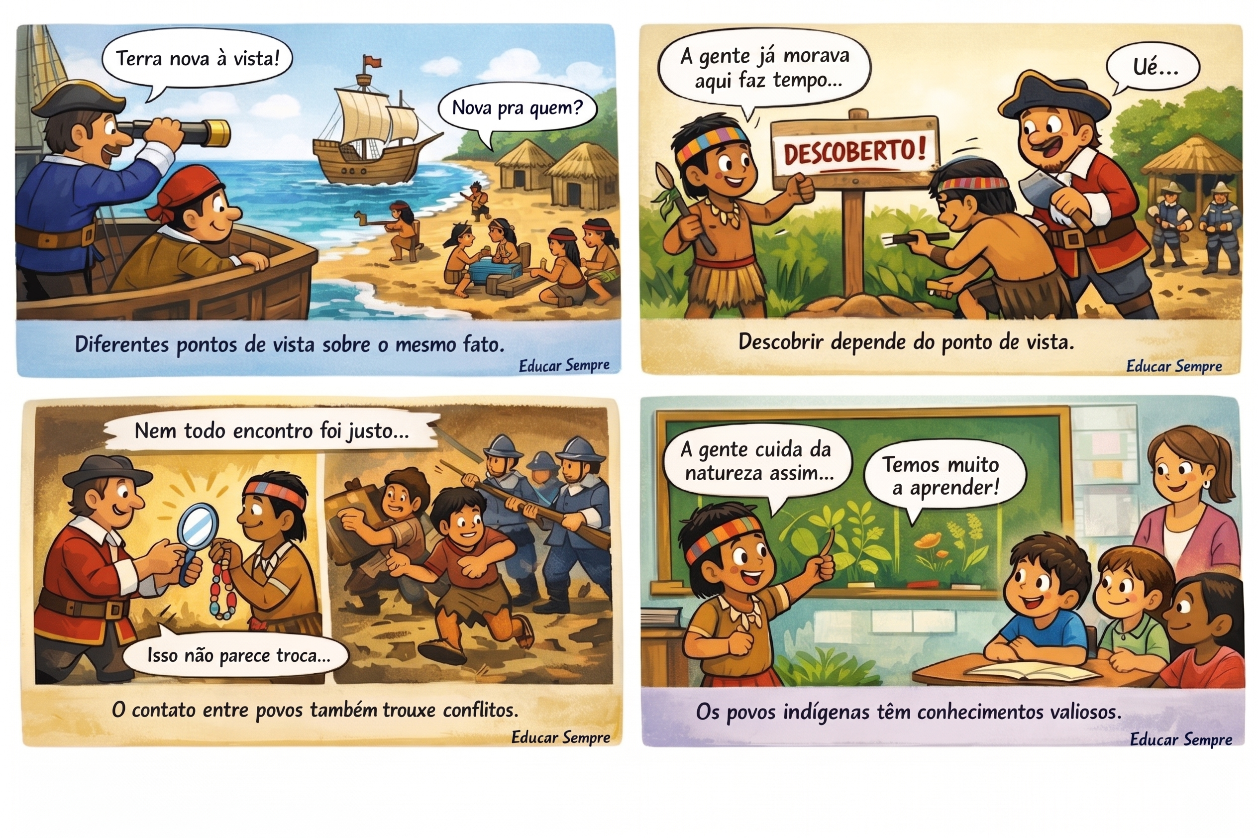 Adaptada para crianças: atividade história crianças, leitura de imagens história, BNCC história fundamental, aula sobre indígenas, interpretação de charge crianças, história crítica ensino fundamental, Educar Sempre