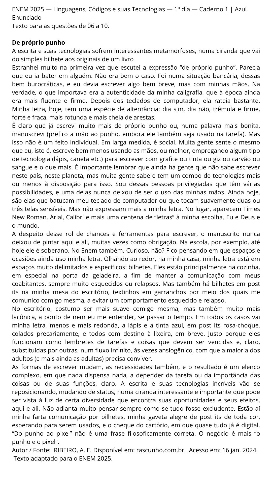 Atividade complementar com questões originais do ENEM 2025 sobre a crônica “De próprio punho”, com gabarito comentado para professores e alunos.